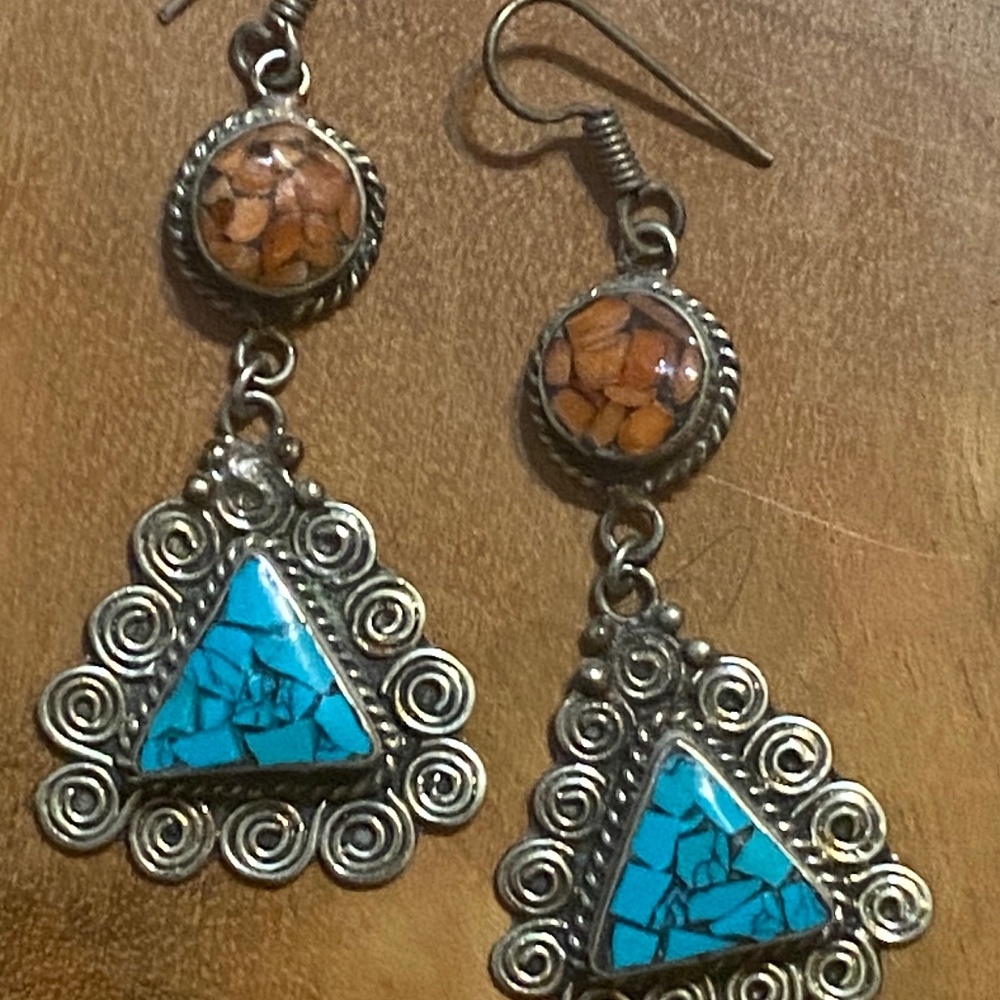 Vintage Silve, turquoise & coral chip boho earrings